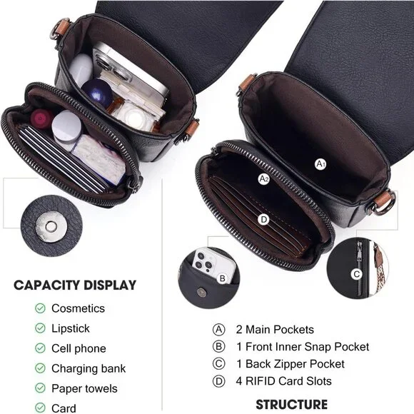 Womens A-black Brown Leather Purses Imported Magnetic Snap Crossbody Zipper Bag - Picture 3 of 6